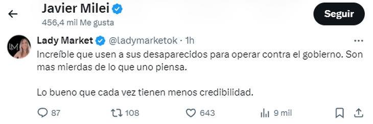 El tuit avalado por Milei contra la denuncia de HIJOS. El tuit avalado por Milei contra la denuncia de HIJOS.