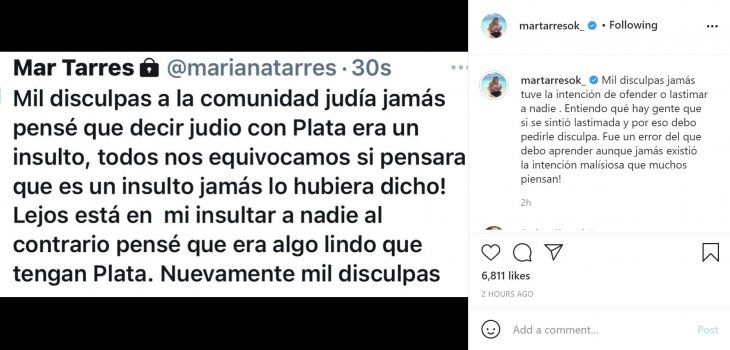 Las disculpas de Mar Tarres a través de sus redes