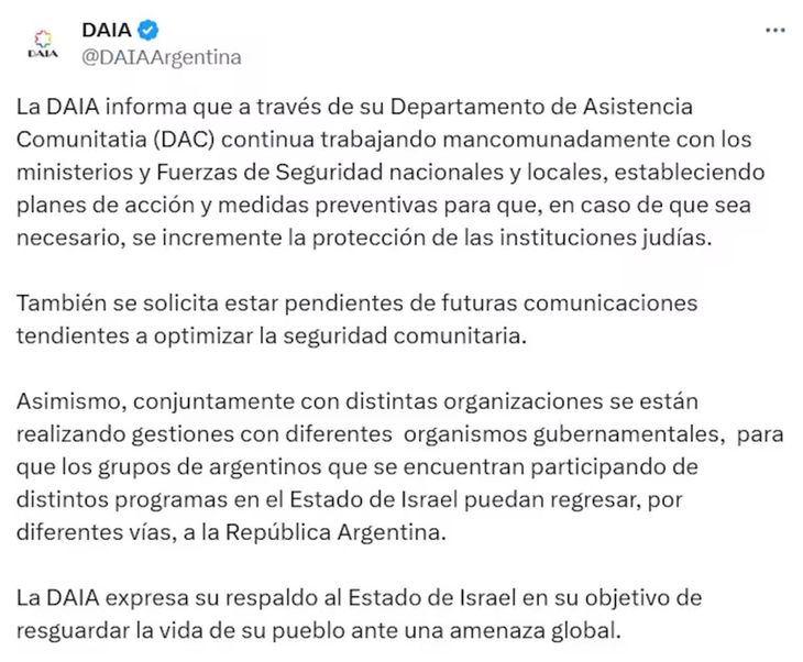 El comunicado de DAIA publicado este fin de semana. El comunicado de DAIA publicado este fin de semana.