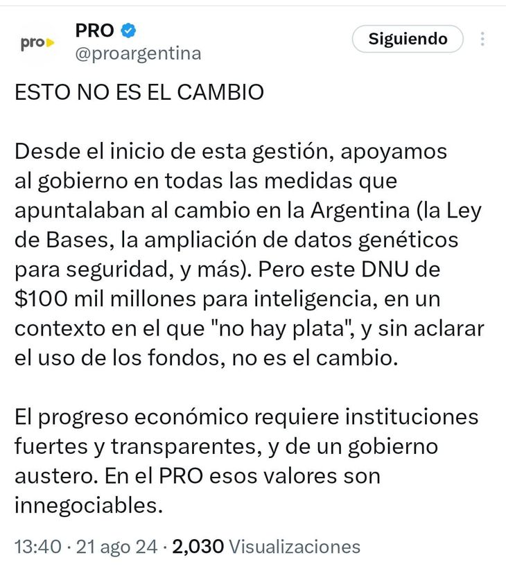 Duro comunicado del PRO. Duro comunicado del PRO.