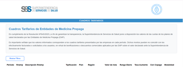 La página oficial de la SSS para consultar los precios de las diferentes prepagas.