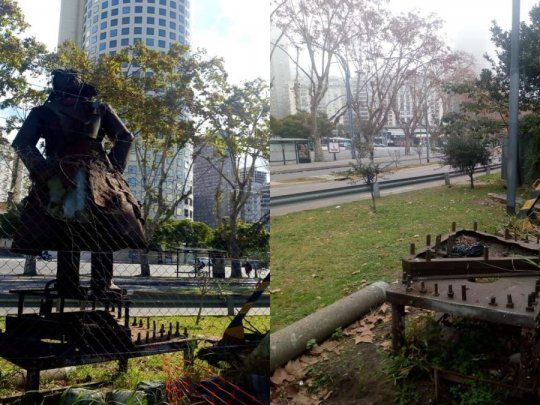 Antes y después: la estatua de Regazzoni fue removida para que se le realicen restauraciones.