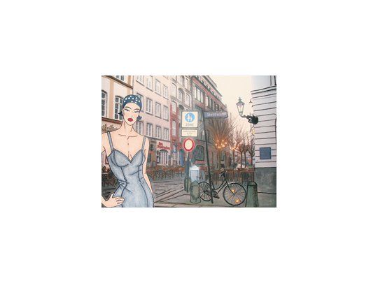 A partir de fotos de Amsterdam y otras ciudades, Maby Rod Micheli monta atractivos escenarios urbanos donde planta unos enigmáticos figurines, algunos de ellos decididamente retro.