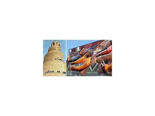 La ciudad arqueológica de Samarra en Irak (izq) y un mural de Siqueiros en la Universidad Autónoma Nacional de México (der).