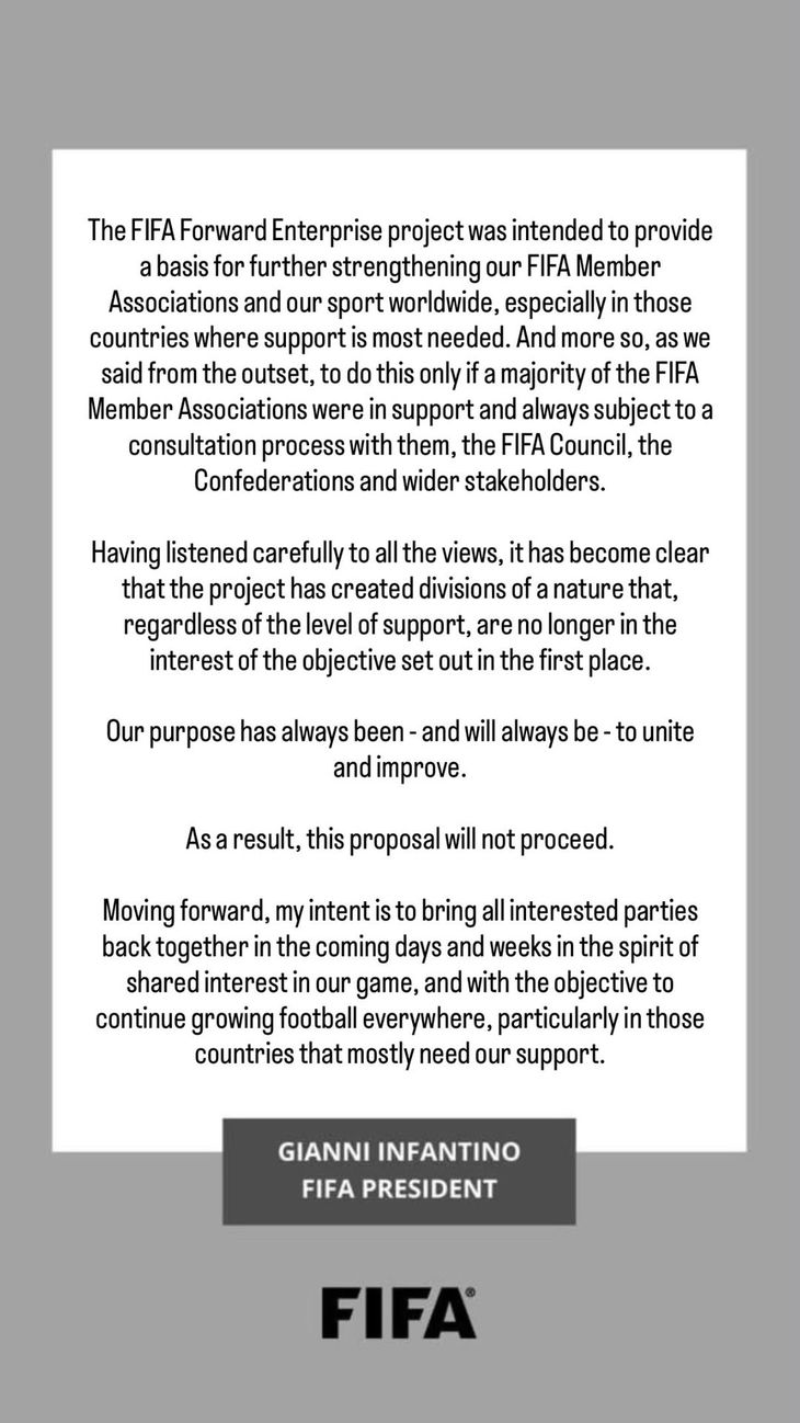 El comunicado difundido por Gianni Infantino en sus redes sociales anunciando la cancelación del proyecto FIFA Forward Enterprise. El comunicado difundido por Gianni Infantino en sus redes sociales anunciando la cancelación del proyecto FIFA Forward Enterprise.