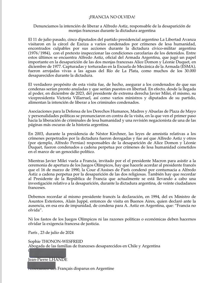 La carta publicada por Sophie Thonon tras la visita de los diputados de La Libertad Avanza a Astiz y a otros genocidas. La carta publicada por Sophie Thonon tras la visita de los diputados de La Libertad Avanza a Astiz y a otros genocidas.