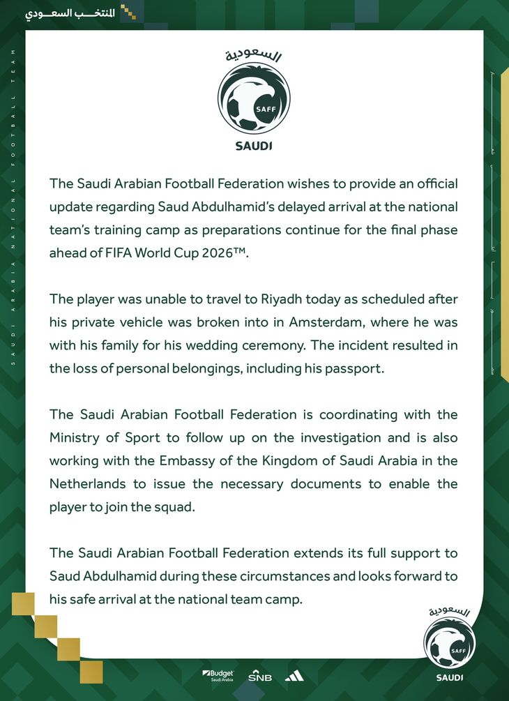 El comunicado oficial de la Federación de Fútbol de Arabia Saudita en redes sociales. El comunicado oficial de la Federación de Fútbol de Arabia Saudita en redes sociales.