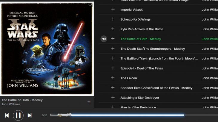 Así se ve el sable luminoso de Star Wars en Spotify.