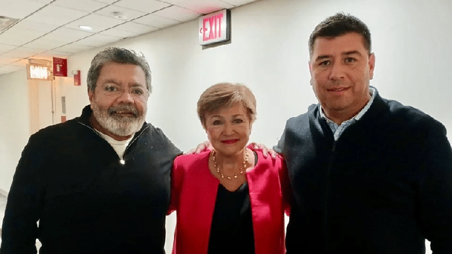 Gerardo Martínez y Cristián Jerónimo (vidrios), hoy co-secretario general de la CGT, se vieron con la titular del fondo, Kristalina Giorgieva el año pasado.