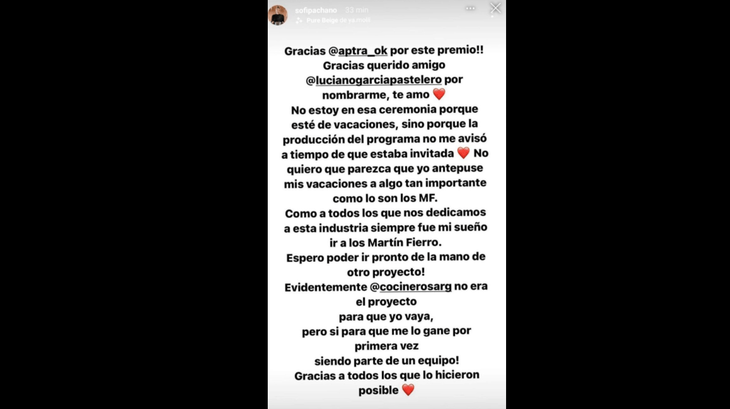 The strong anger of Sofía Pachano against “Argentine Cooks”, winner of Martín Fierro