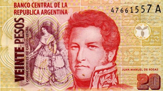 Billete de 20 pesos argentinos con el retrato de Juan Manuel de Rosas, frente.