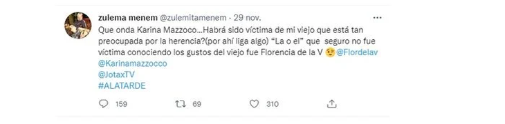 Zulemita Menem and a controversial tweet against Flor de la V: “La o el” Zulemita Menem and a controversial tweet against Flor de la V: “La o el”