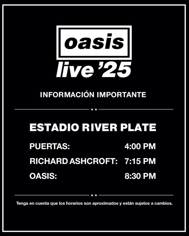 El cronograma completo para el show de Oasis del 15 de noviembre. El cronograma completo para el show de Oasis del 15 de noviembre. 