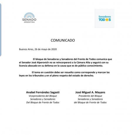 El comunicado del Frente de Todos.