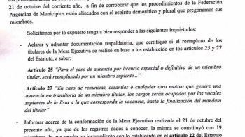 Reclamo. Con la firma de Menéndez y Watson, los intendentes enviaron una carta a la FAM para conocer la conformación de la mesa ejecutiva que fijó la elección de autoridades para marzo.