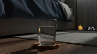 Vaso de agua junto a la cama.
