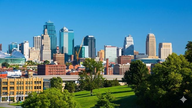 Horizonte urbano (skyline) del centro de Kansas City con el parque Penn Valley en el primer plano y un cielo azul vivo de fondo. En esa ciudad debuta la Scaloneta