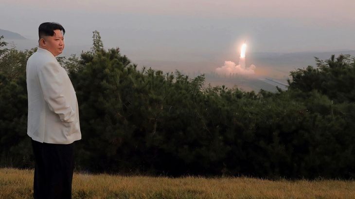 North Korean dictator Kim Jong-un is overseeing the nuclear-capable missile test.