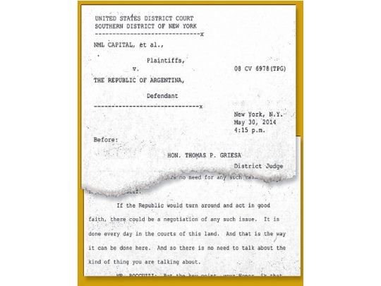 Facsímil de la transcripción de la audiencia con fondos buitre del viernes pasado ante el juez Griesa disponible en ámbito.com.