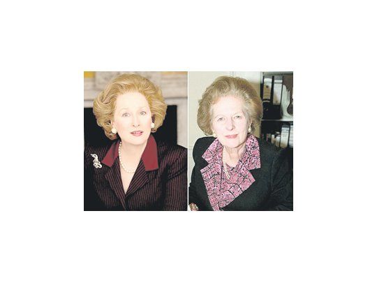 Meryl Streep caracterizada como Margaret Thatcher y su modelo real, para «The Iron Lady», film sobre la ex primera ministra británica, cuya familia teme que sea «una fantasía izquierdista».