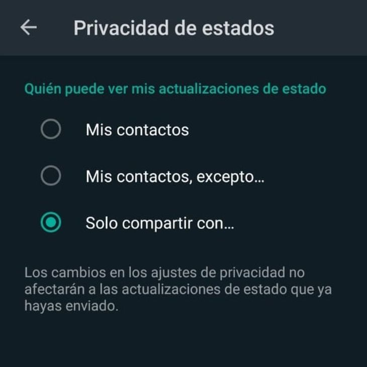 El menú de opciones de la privacidad de estados.