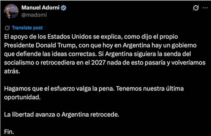 Manuel Adorni fue otro de los que entro en la campaña de desinformación, achancando a Donald Trump palabras que no dijo Manuel Adorni fue otro de los que entro en la campaña de desinformación, achancando a Donald Trump palabras que no dijo