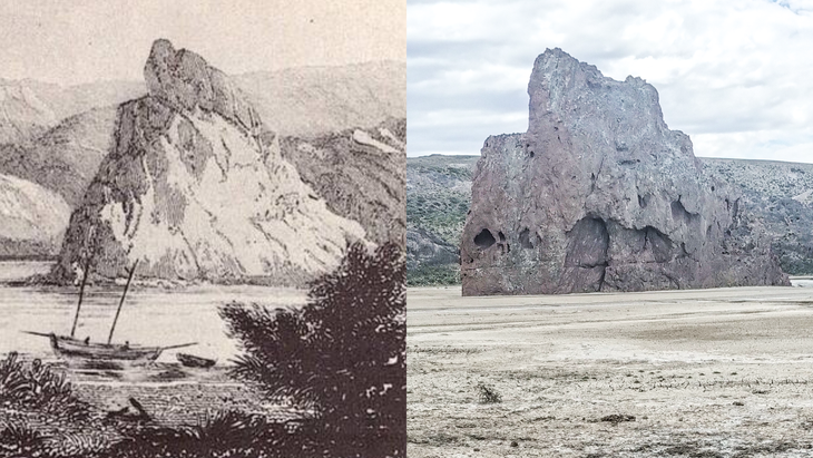 La piedra de Darwin en 1833 -pintada por Conrad Martens- y en la actualidad. La piedra de Darwin en 1833 -pintada por Conrad Martens- y en la actualidad.