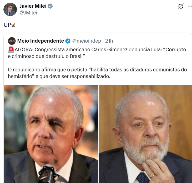 El tuit que Milei replicó del congresista norteamericano contra Lula El tuit que Milei replicó del congresista norteamericano contra Lula