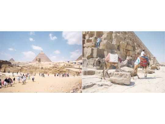La Esfinge y las Pirámides de Giza, entre las que sobresalen los famosos monumentos de Keops, Kefrén y Micerino (izquierda). El histórico sitio puede recorrerse a lomo de camello (derecha).