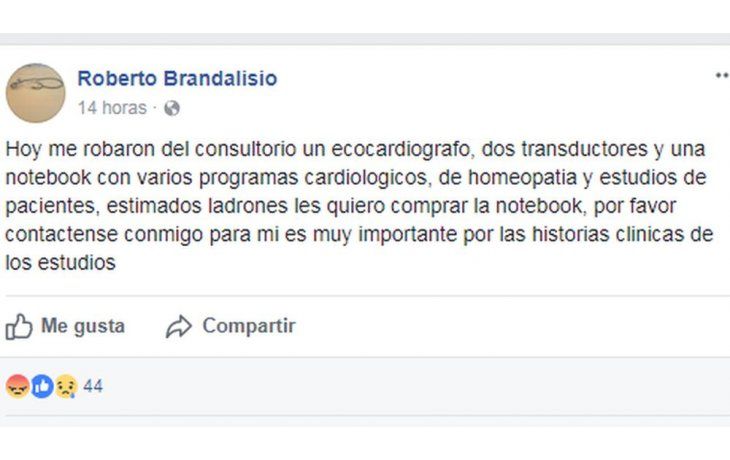 Captura de Facebook del posteo del médico asaltado