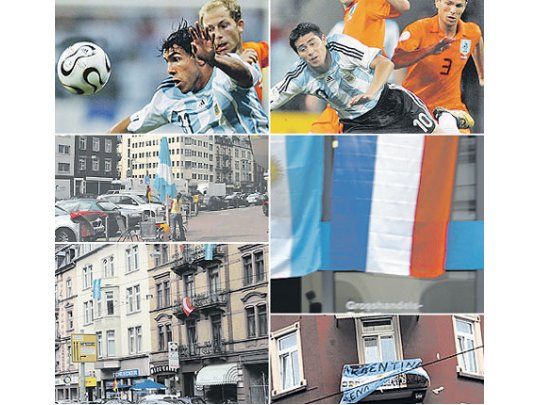 Tevez cumplió una buena actuación y fue una de las principales figuras. Riquelme intenta pasar entre Cocu y Boulahrouz. El mediocampista cumplió buena tarea. Aunque por proximidad geográfica los holandeses fueron ampliamente locales ayer en Francfort, los colores celeste y blanco estuvieron muy presentes en la ciudad, en balcones, ventanas, vidrieras y hasta sombrillas. Una de las banderas que más llamaron la atención colgaba de un balcón y decía: Argentina llena mi vida.