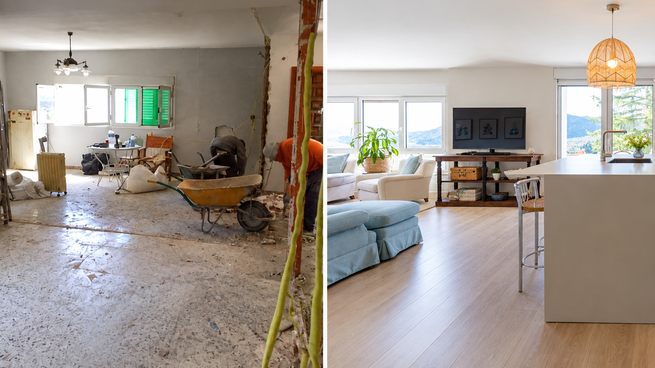 Una propiedad antes y después de una renovación integral, una de las claves del flipping inmobiliario para mejorar su valor de venta