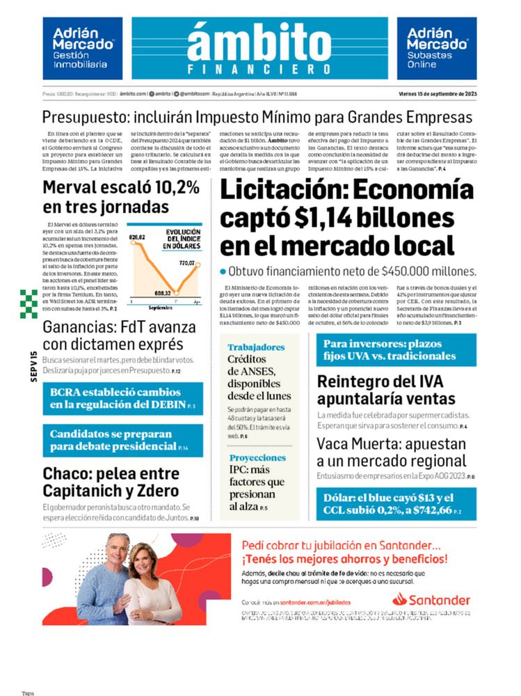 ámbito.com | Tapa Edicion Impresa del 2023-09-15