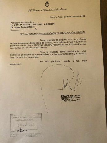 La carta que le envió al titular de la Cámara baja, Sergio Massa.