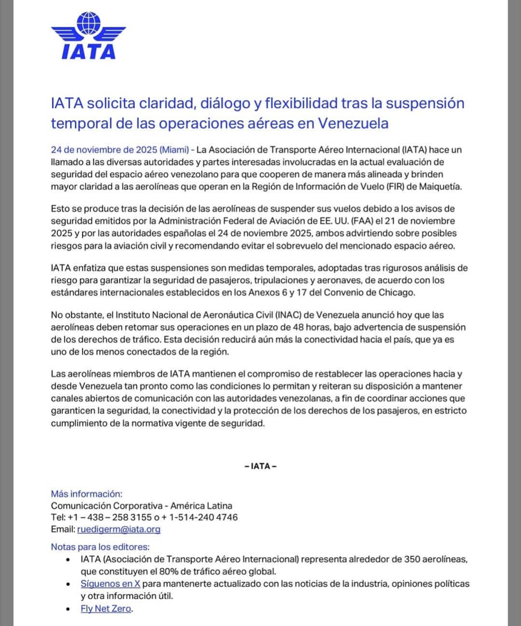 El comunicado oficial de IATA respecto de la situación en Venezuela. El comunicado oficial de IATA respecto de la situación en Venezuela.