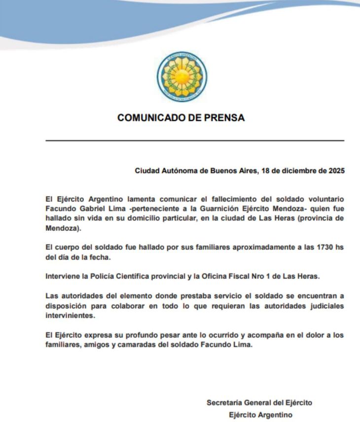El Ejército Argentino expresó su profundo pesar por la muerte del joven soldado.