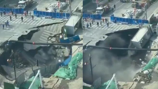 El asfalto cedió en plena obra del metro y abrió un socavón de varios metros en una zona céntrica de Shanghai.