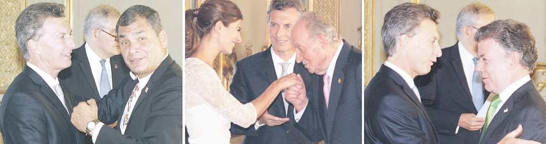 Sonrisas y galanterías de Estado: Mauricio Macri con el ecuatoriano Rafael Correa, el rey emérito Juan Carlos I de España y el presidente de Colombia, Juan Manuel Santos, en la Casa de Gobierno.