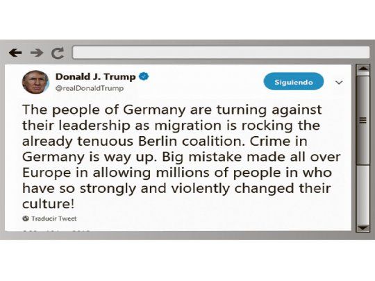 fake news. Donald Trump dijo en Twitter que “la criminalidad crece en Alemania. (Fue) un gran error haber permitido a millones de personas ir a Europa cambiándole violentamente su cultura por el aumento de la inmigración”. Pero según cifras oficiales, el número de ataques a personas o bienes alcanzó en 2017 su “menor nivel desde 1992”.