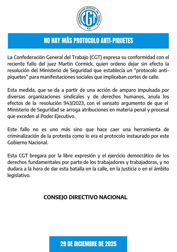 El comunicado de la CGT.