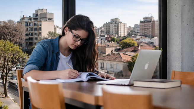 Una estudiante universitaria. Suelen requerir departamentos con buena luminosidad para poder estudiar bien. Los monoambientes, los más solicitados hoy