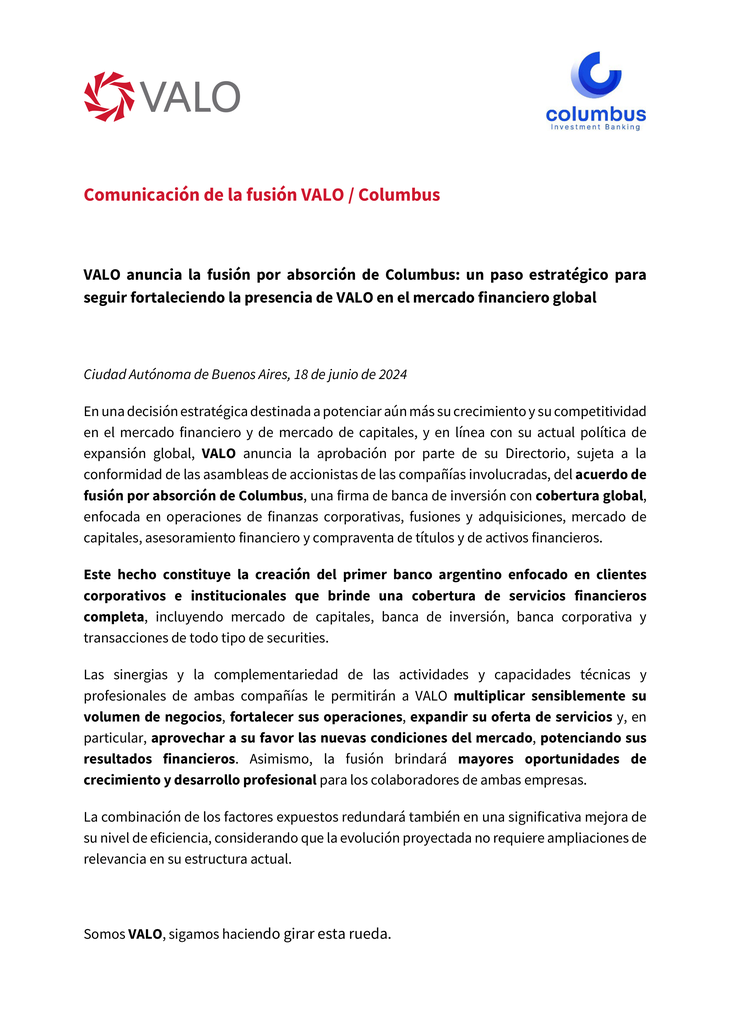 El comunicado difundido por VALO. El comunicado difundido por VALO.