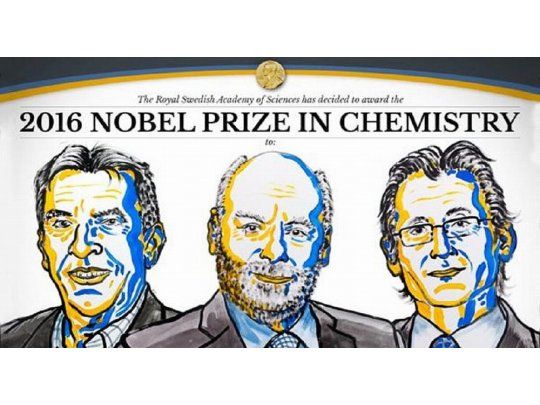 Los tres ganadores del premio Nobel de Química 2016: el francés Jean-Pierre Sauvage, el británico Fraser Stoddart y el holandés Bernard Feringa
