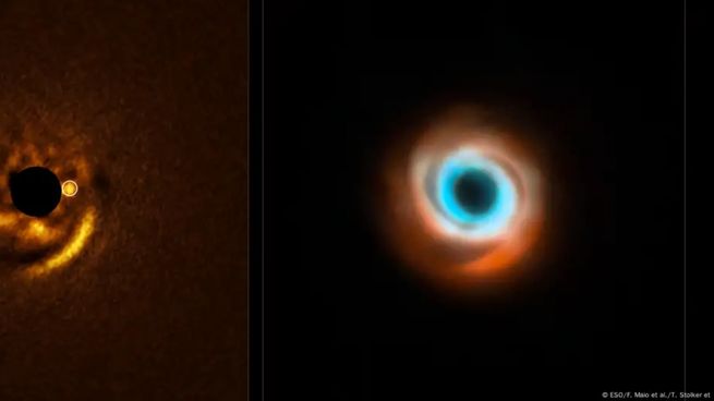 A la izquierda, el Very Large Telescope (VLT) del ESO muestra un posible planeta naciendo alrededor de la joven estrella HD 135344B. A la derecha, observaciones combinadas del instrumento SPHERE del VLT (rojo) y el Atacama Large Millimeter/submillimeter Array (ALMA, naranja y azul).