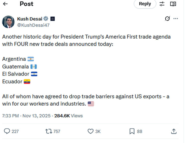 El subsecretario de prensa de la Casa Blanca, Kush Desai anuncia que los cuatro países latinoamericanos aceptaron eliminar sus barreras comerciales con los EE.UU. El subsecretario de prensa de la Casa Blanca, Kush Desai anuncia que los cuatro países latinoamericanos aceptaron eliminar sus barreras comerciales con los EE.UU.