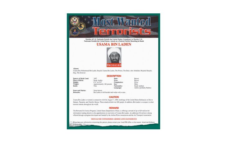 ámbito.com | El FBI actualizó ayer su web en la que exhibe los rostros de los hombres más buscados por sus supuestos vínculos con el terrorismo. Allí impuso el sello de «muerto» a Osama bin Laden.