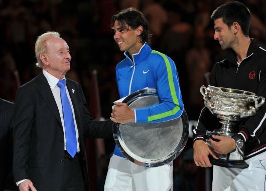 Tres leyendas. Rod Laver, Rafael Nadal y Novak Djokovic charlan en la entrega de premios.