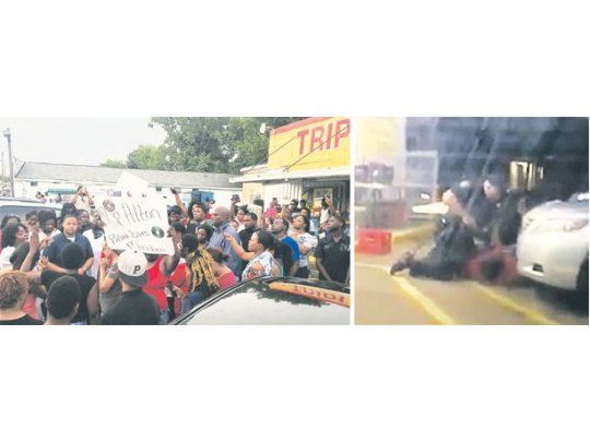 BRUTALIDAD. Cientos de personas marcharon en Luisiana bajo el lema “Los negros importan” (izquierda) tras el asesinato a sangre fría de Alton Sterling, cometido por dos policías (derecha).