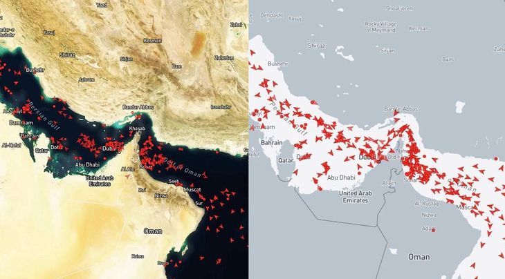 A la izquierda, el estrecho de Ormuz hoy, cerrado, y a la derecha antes del bloqueo iraní. A la izquierda, el estrecho de Ormuz hoy, cerrado, y a la derecha antes del bloqueo iraní.