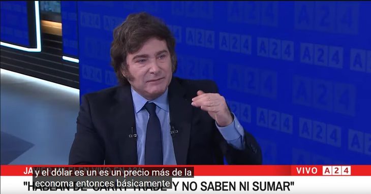 Para Javier Milei el dólar es “un precio más”, que debiera obedecer a las generales de todos los precios, es decir, acabada la emisión -lo que perjura haber hecho-, no debiera modificarse. Es por esto que la suba de los últimos tiempos lo agarro tan “desnudo” Para Javier Milei el dólar es “un precio más”, que debiera obedecer a las generales de todos los precios, es decir, acabada la emisión -lo que perjura haber hecho-, no debiera modificarse. Es por esto que la suba de los últimos tiempos lo agarro tan “desnudo”